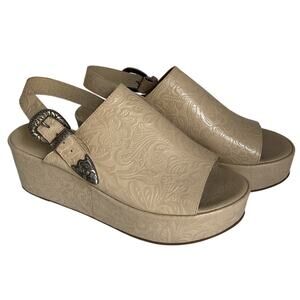 Matisse Embossed Wedge Western Sandals Leather Beige Platform Made in Brazil Sz9